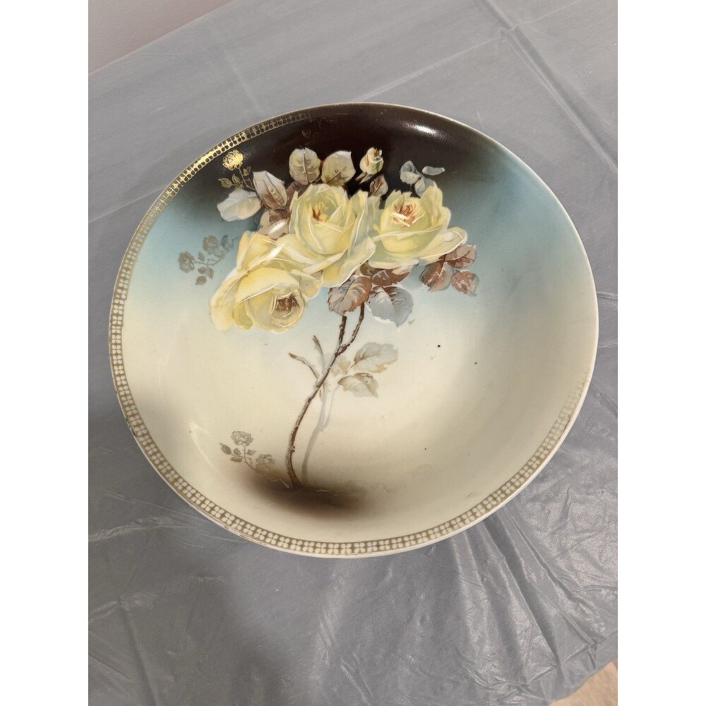 Vintage Floral Serving Bowl Yellow Roses Gold Rim Cottagecore Decor READ